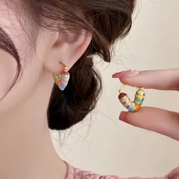 Colorful Gold  heart Hoop Earrings - Picture 2 of 5